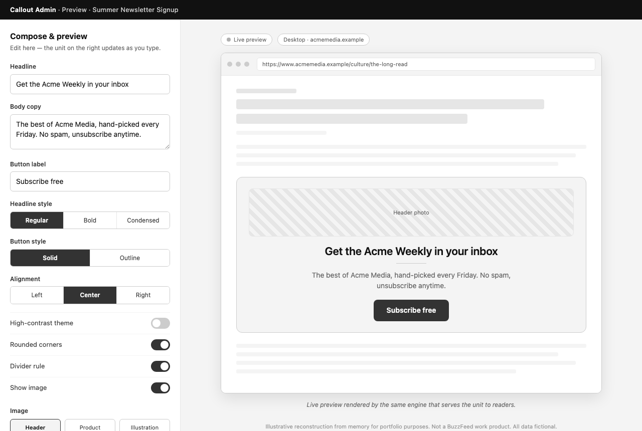 Callout live WYSIWYG preview wireframe — split editor and on-site preview