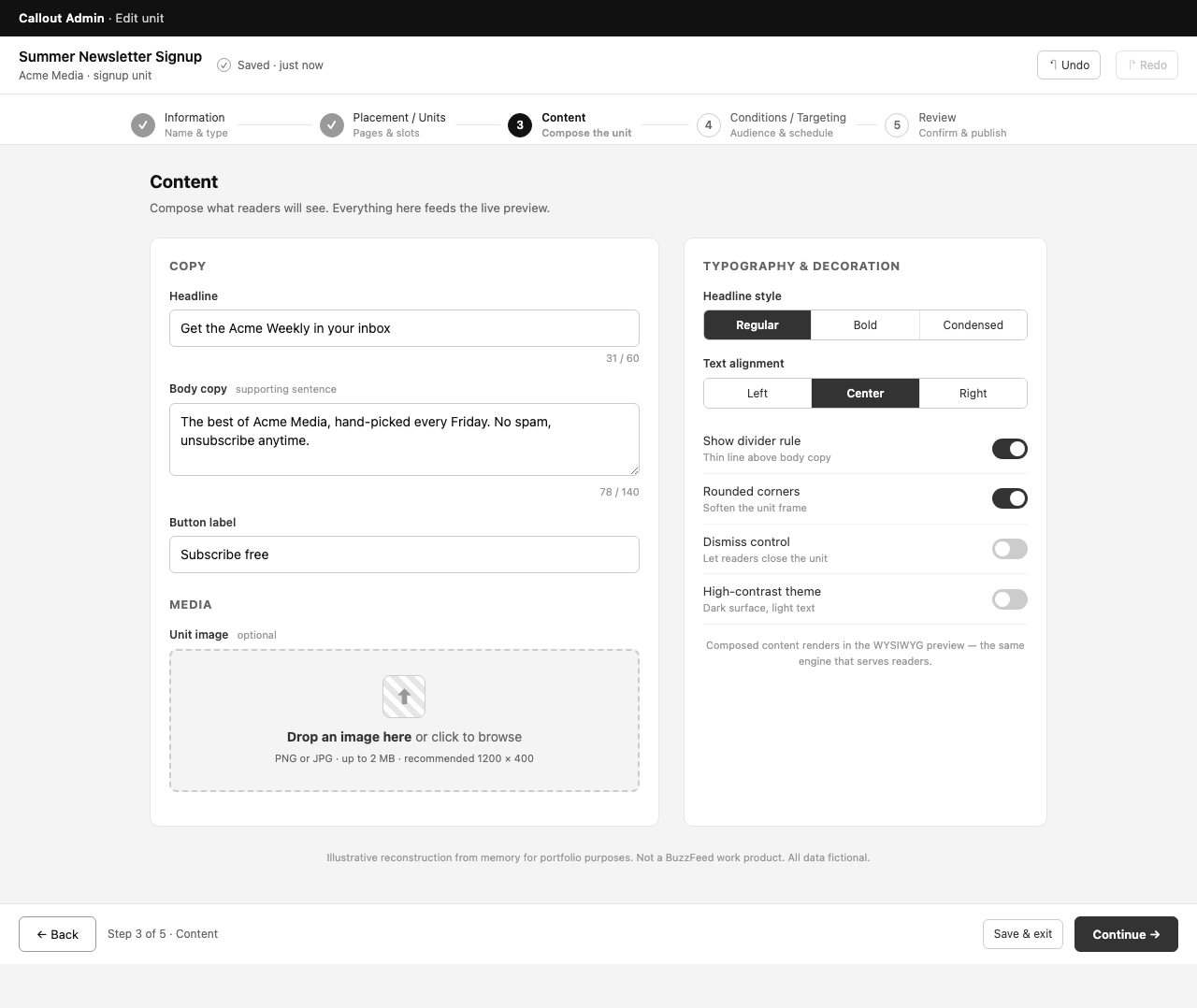 Callout create/edit wizard wireframe at the Content step