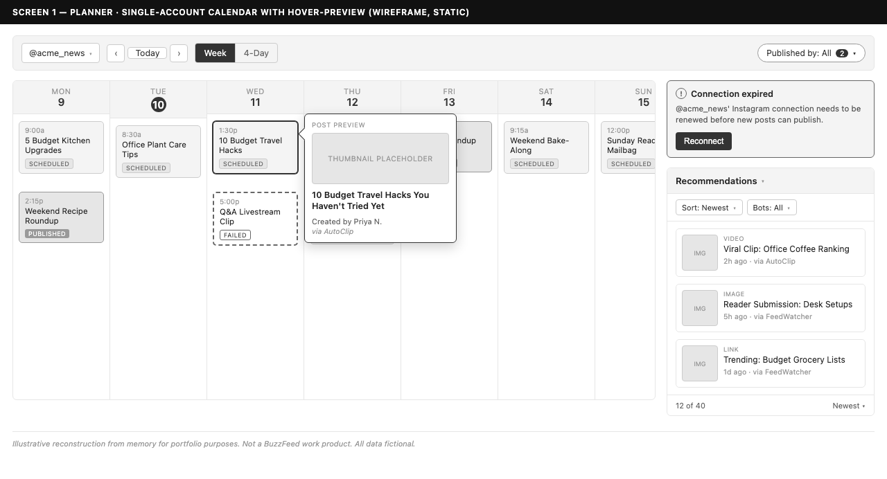 PubHub planner wireframe — single-account weekly calendar with hover preview