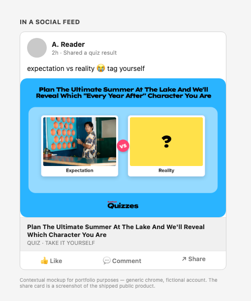 The generated share card as it lands in a social feed — contextual mockup around a real product screenshot