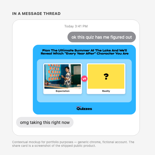 The generated share card in a message thread — contextual mockup around a real product screenshot