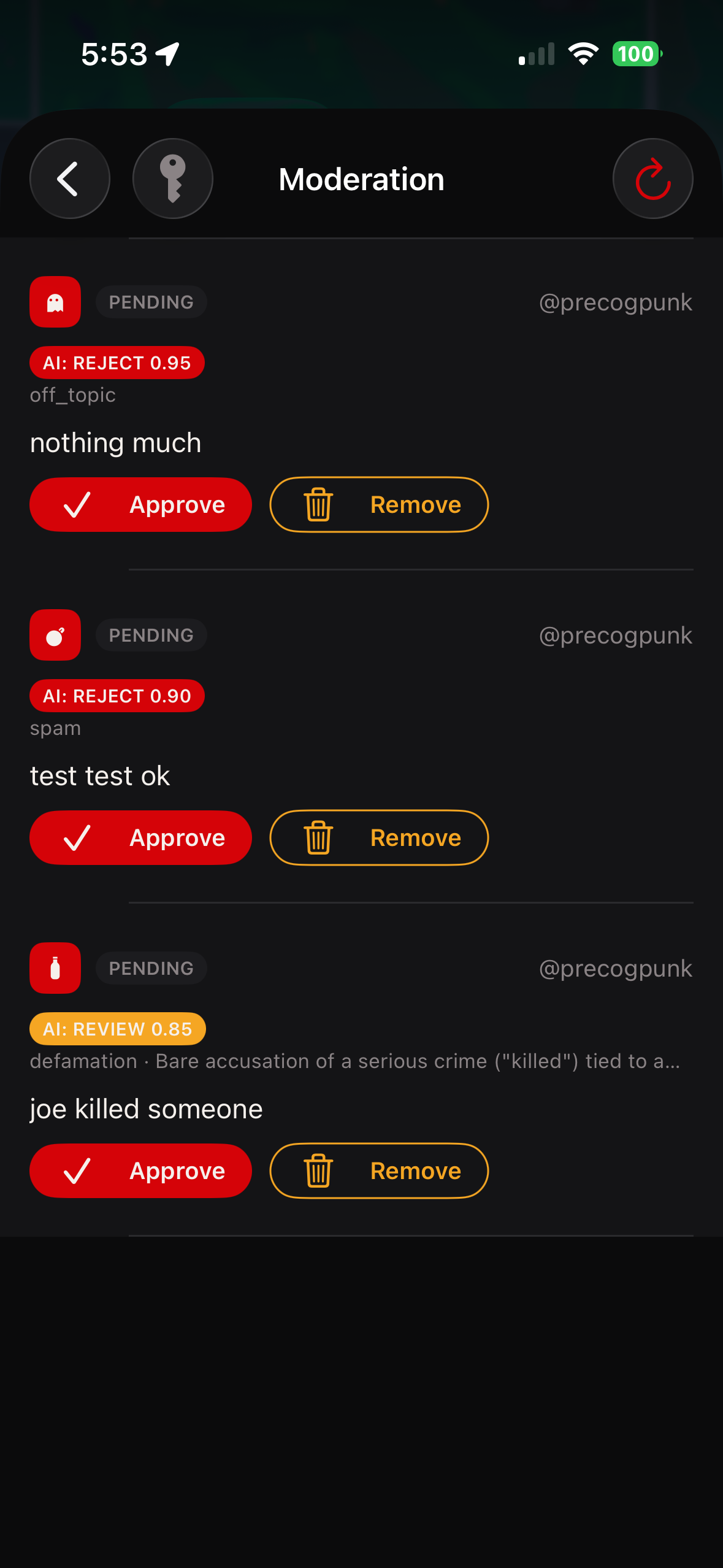 The AI moderation pipeline's review queue.