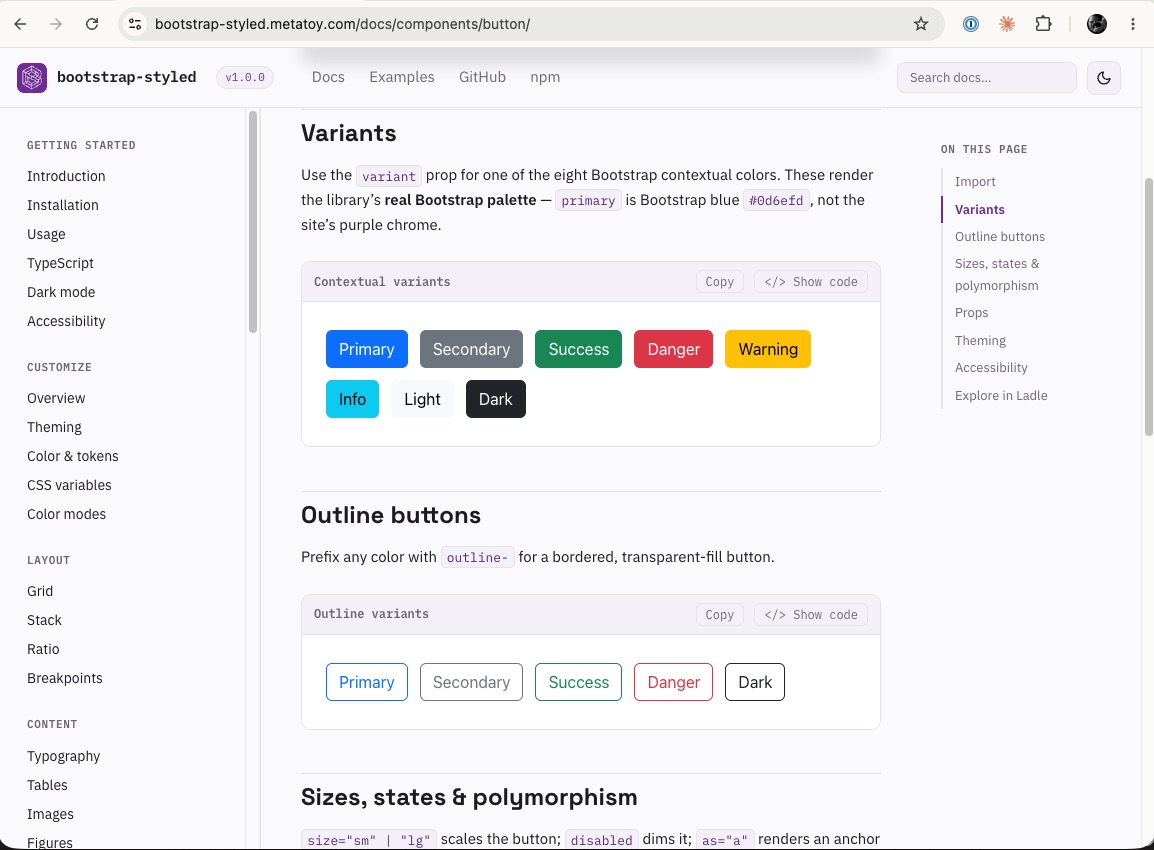 bootstrap-styled documentation: Bootstrap 5 rebuilt in styled-components, components rendered live beside their code.