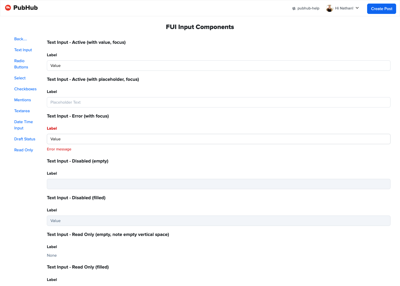 The Foundation UI kitchen sink inside the running app: text input, radio, select, checkbox, mentions, date-time, draft status and read-only states.