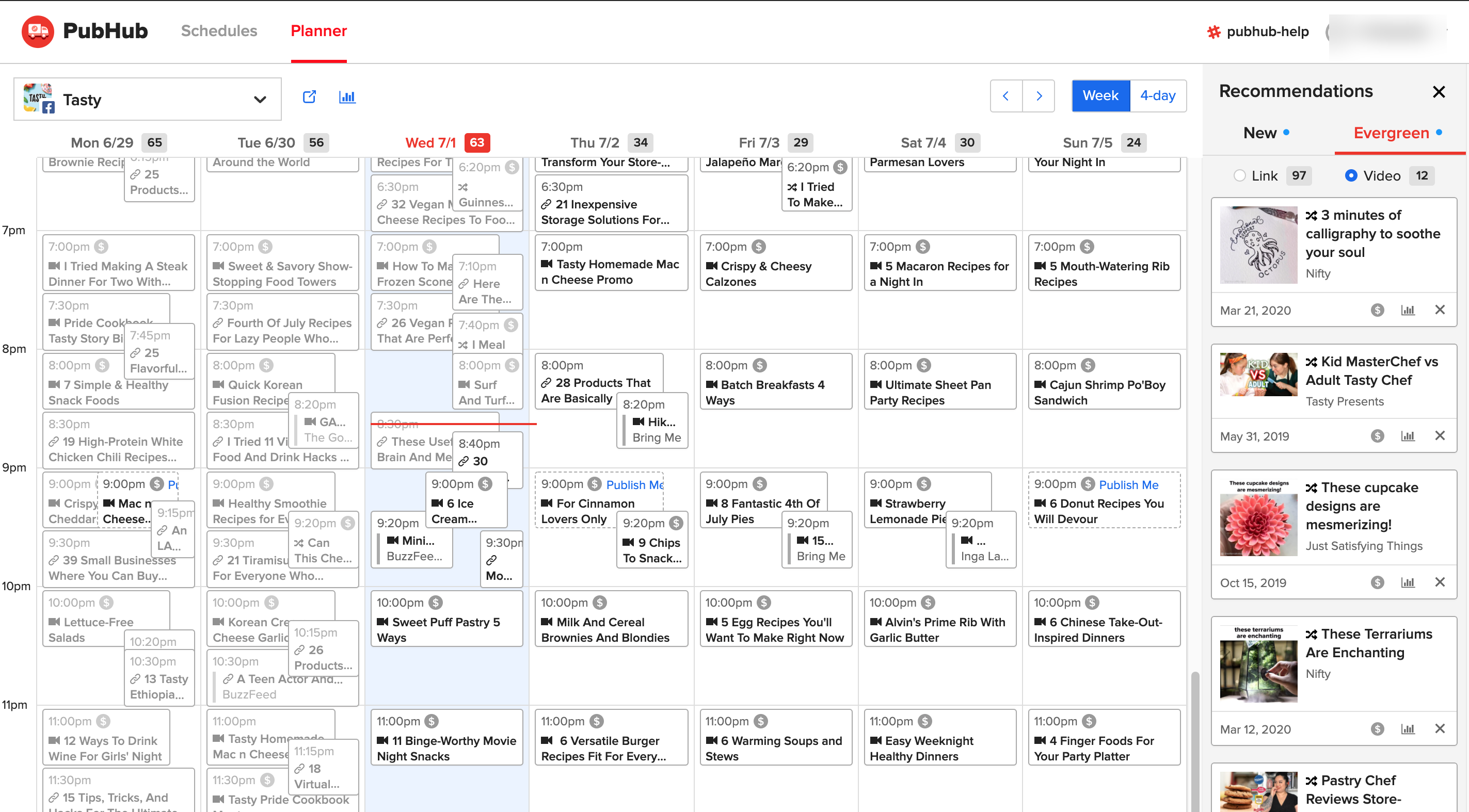 The planner after the 2020 redesign on Foundation UI: branded header, channel selector, week and four-day toggle, per-day counts, and a Recommendations rail.