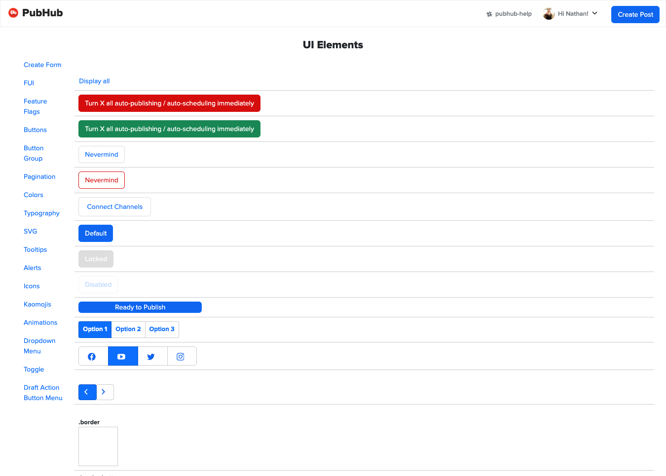 The UI Elements page: buttons with real platform copy, button groups, pagination, and a left rail listing the whole inventory.