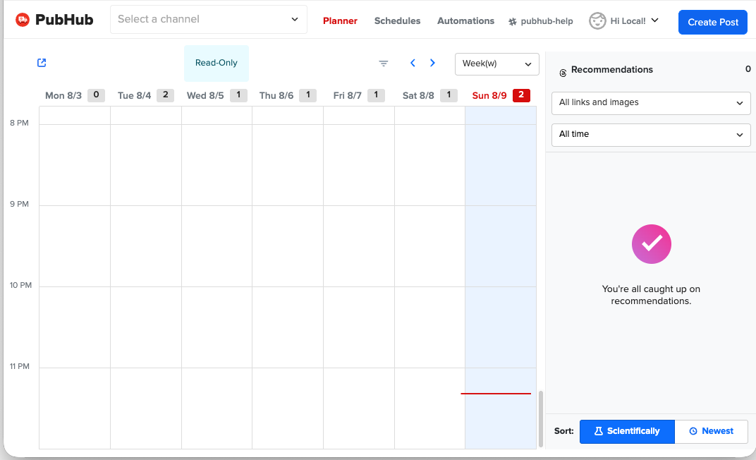 The week-view planner with the recommendation queue alongside.