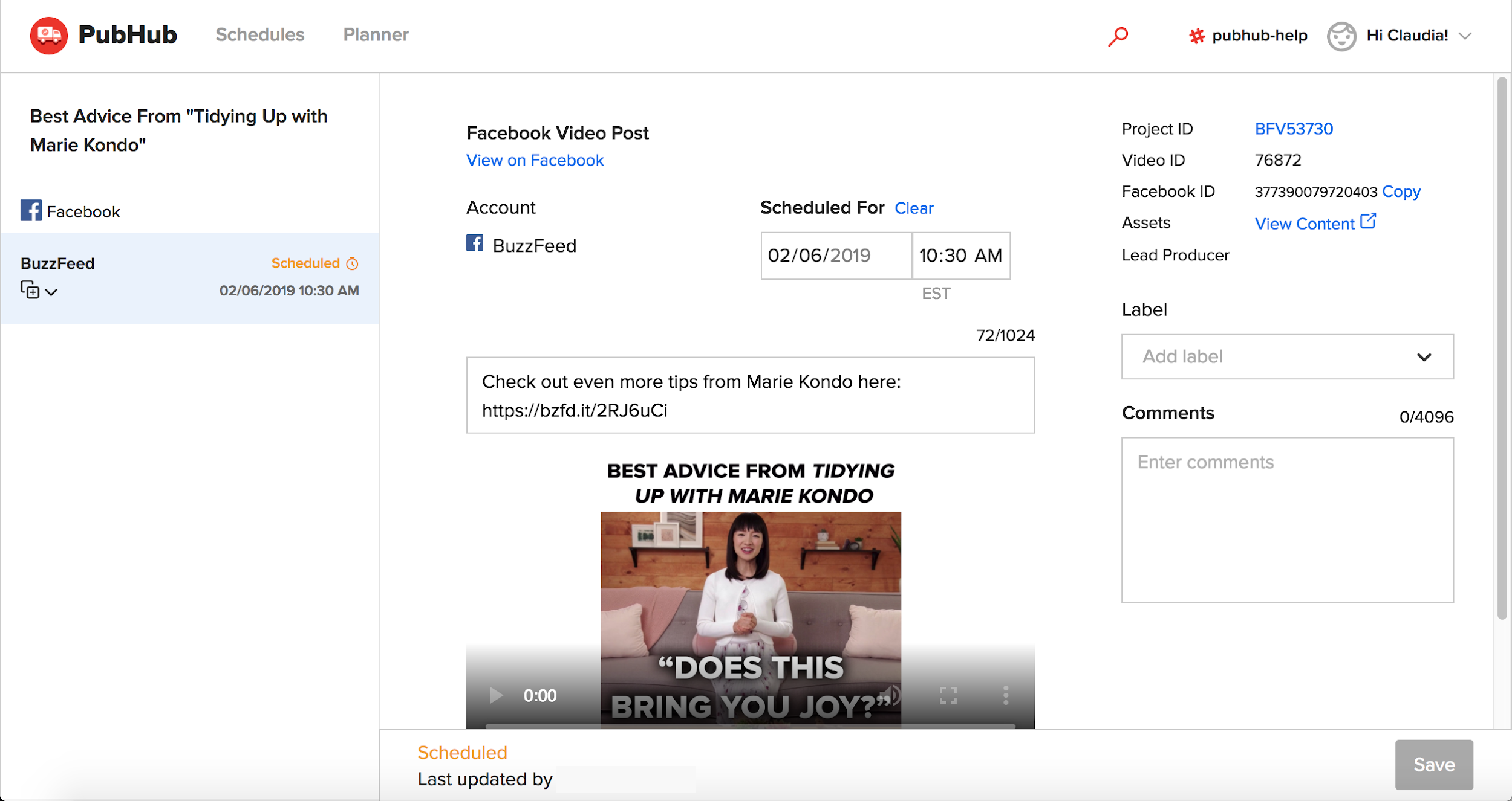 A scheduled Facebook video post — copy, schedule time, assets, and metadata in one view.